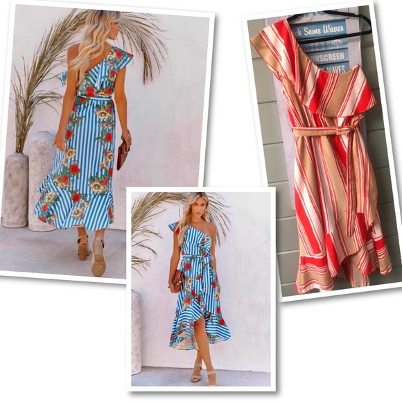 VICI stripe, ruffle one shoulder faux wrap midi dress. w/sash tie M ⚡️FLASH SALE - Picture 15 of 16